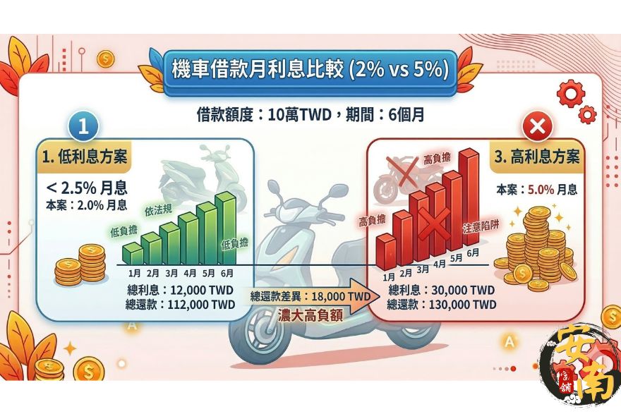 台南當舖機車借款利息比較表：借10萬，2%利息跟5%利息6個月差了1萬8