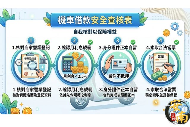 台南機車借款安全查核表：核對登記證、確認利息、證件自留、紙本合法當票