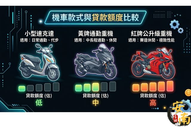 台南機車借款，小型機車額度低，紅牌機車額度最高，黃牌居中