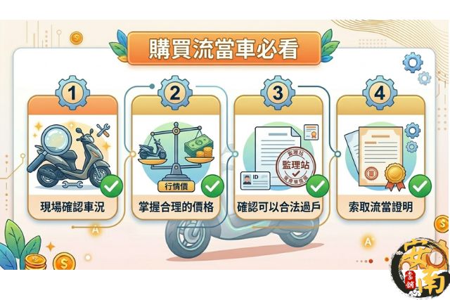 購買當舖流當機車注意事項 Checklist：車況檢查、價格行情、過戶手續、流當證明。