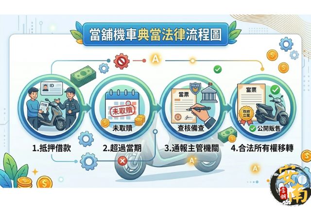安南當舖流當機車來源流程圖：從抵押、超過當期、報備主管機關到合法流當銷售。