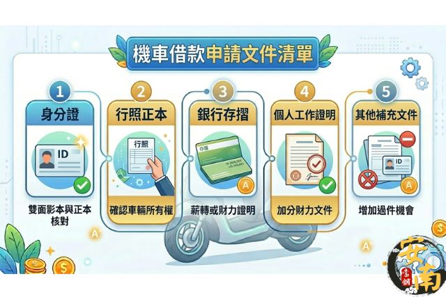 申請機車貸款必備文件清單：身分證、行照、薪轉證明