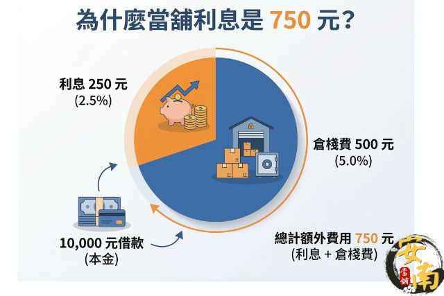當舖利息750元結構拆解：包含借款一萬元之250元利息與500元倉棧費保管費