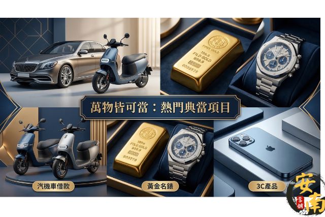 台南當舖熱門典當項目：包含汽機車免留車、黃金借款、手機借款及精品二胎