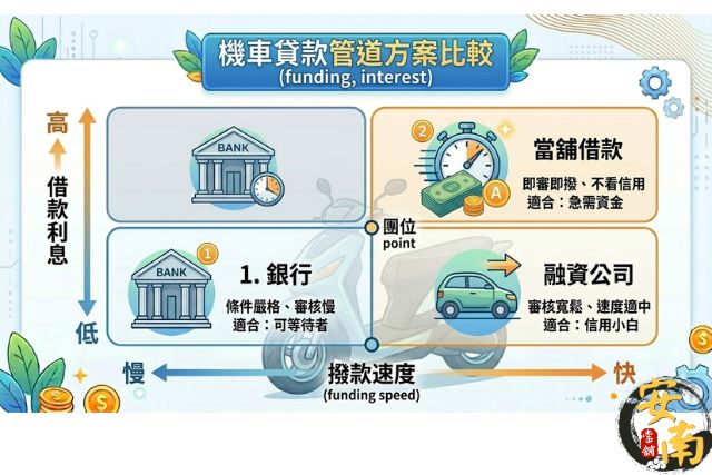 機車貸款管道比較圖：銀行、當舖、融資公司之利率與速度對比