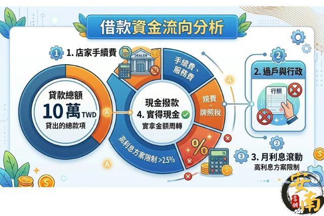 買機車換現金流程中的手續費與價差損失示意圖