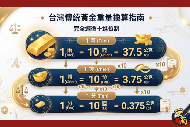 台灣銀樓常用黃金單位換算：兩、錢、分、厘十進位法