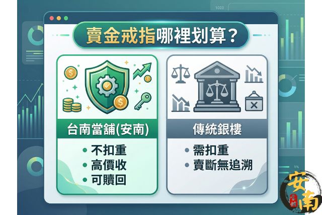 賣金戒指管道大PK：台南當舖回收黃金不扣重且具備質押贖回功能，優於傳統銀樓