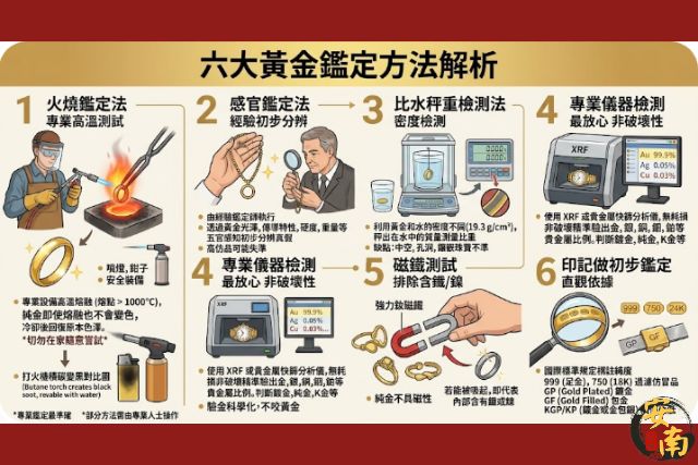 黃金鑑定方法，火燒鑑定法、感官鑑定法、比水秤重檢測法、和專業儀器檢測